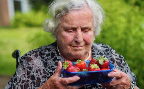Bewohnerin des Tobias-Hauses genießt den Duft frischer Erdbeeren